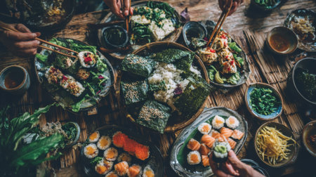 A top-down view of a bountiful Asian feast, featuring sushi, dumplings, and various side dishes, shared among friends.の素材