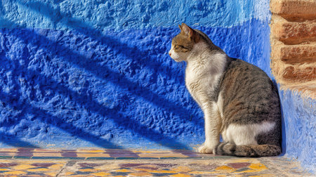 A calico cat with white, brown, and black markings sits calmly on a patterned ledge. The background is a textured, bright blue wall with diagonal shadows.の素材