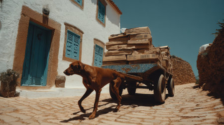A brown dog walks on a cobblestone path, pulling a wooden cart filled with lumber. A white building with blue shutters is visible.の素材