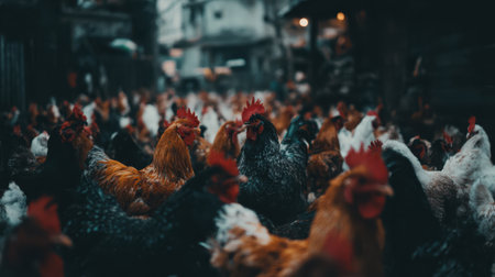 A large group of chickens, including roosters and hens, are seen clustered together in a dimly lit outdoor environment.の素材