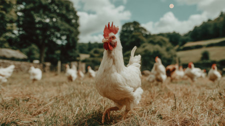 A close-up of a white rooster in a field with other chickens in the background. The scene is bathed in sunlight, highlighting the natural beauty of farm life.の素材