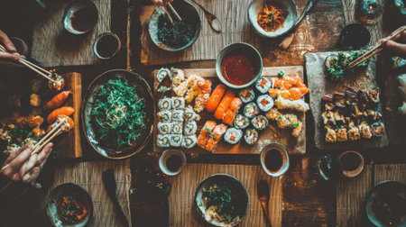A top-down view of a bountiful table filled with various sushi rolls, sashimi, and other Japanese delicacies, ready to be enjoyed.の素材