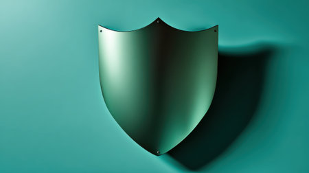 A metallic shield with a reflective surface is positioned against a teal background, casting a distinct shadow.の素材
