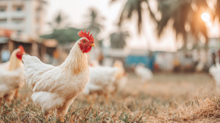 A beautiful white chicken stands prominently in the foreground of a farmyard, bathed in the warm glow of a sunset. Palm trees sway gently in the background, creating a serene rural atmosphere.の素材