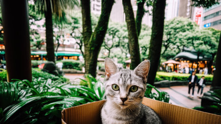 A close-up of a tabby cat peeking out of a cardboard box, with a blurred park background featuring trees and people.の素材