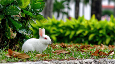 A cute white rabbit with red eyes is sitting in the grass surrounded by green plants and fallen leaves.の素材