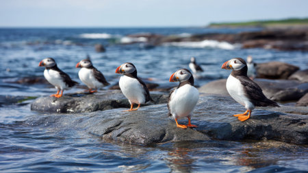 Several puffins are gathered on rocky terrain near the ocean, with water in the foreground and a blurred background.の素材