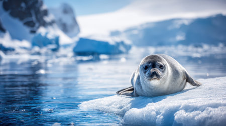 A young seal is resting on a piece of ice in the Arctic ocean. The background is filled with glaciers and icebergs.の素材