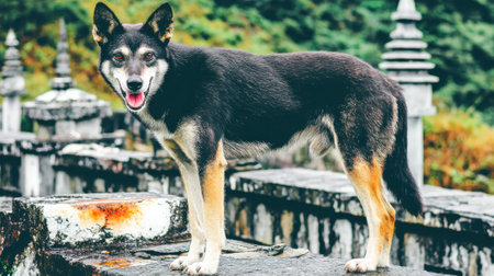 A medium-sized dog with black and tan fur stands alert on weathered stone steps, with lush greenery and ancient structures in the background.の素材