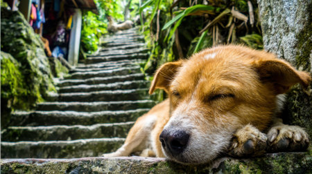 A close-up of a brown dog sleeping peacefully on weathered stone steps, with a backdrop of vibrant green foliage.の素材