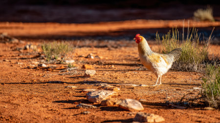 A single chicken with light-colored feathers and a red comb stands on arid, reddish ground. Sparse green grass and rocks are visible.の素材