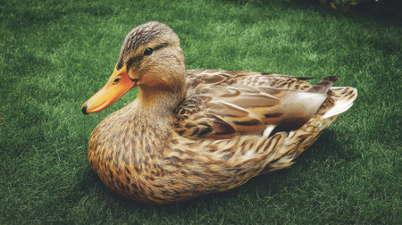 A beautiful mallard duck is captured in a close-up shot, resting peacefully on a vibrant green lawn. The ducks intricate feather patterns and distinct markings are clearly visible, showcasing its natural beauty.の素材