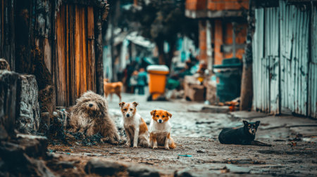 Several stray dogs of various breeds and sizes are resting together in a dirty, urban alleyway.の素材