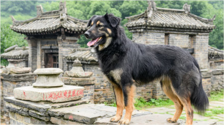 A black and tan dog stands alert in front of a weathered stone temple with intricate architecture.の素材