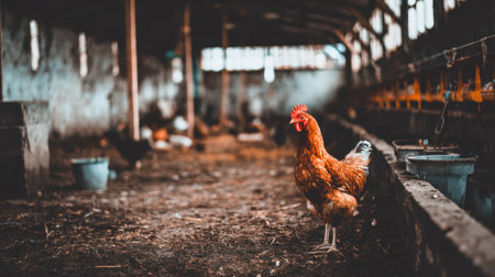 A close-up of a single chicken in a dimly lit, rustic barn. The chicken is in focus, with the background blurred.の素材