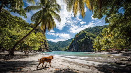A dog walks on a sandy beach with palm trees and dense green mountains framing a clear blue ocean.の素材
