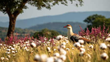 A striking bird with distinctive plumage is captured in a serene natural setting, surrounded by a vibrant mix of flowers and delicate seed heads.の素材
