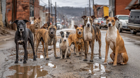 A group of stray dogs of various breeds and sizes stand together on a wet, dirty street. The background shows an urban setting with buildings and cars.の素材