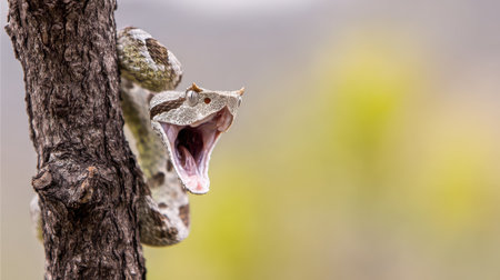 A dramatic shot of a snake, likely a viper, displaying its fangs and open mouth while perched on rough tree bark.の素材