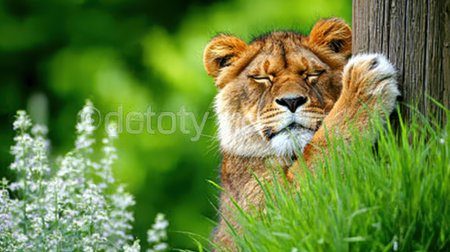 A cute lion cub with its eyes closed playfully waves its paw in a vibrant green forest surrounded by grass and foliageの素材