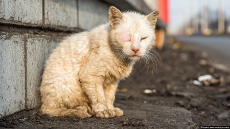 A lonely stray cat with dirty fur and a sickly appearance sits on the pavement, looking sad and neglected.の素材