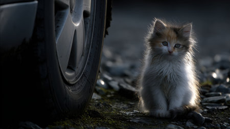A tiny, fluffy kitten with striking blue eyes sits on the ground next to a car wheel, illuminated by a soft light.の素材