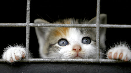 A close-up of a cute calico kitten with striking blue eyes, paws resting on metal bars, looking out with curiosity.の素材