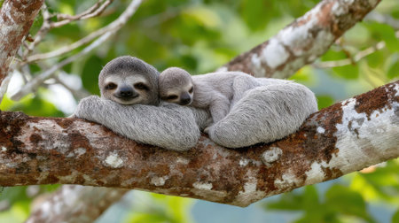 A heartwarming scene of a baby sloth nestled closely with its mother, resting peacefully on a tree branch amidst lush green foliage.の素材