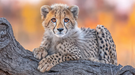 A cute cheetah cub with striking eyes lies on a weathered tree branch, its spotted fur blending with the natural surroundings.の素材