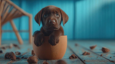 A cute chocolate Labrador puppy peeks out from inside a round bowl, looking directly at the camera. The background is softly blurred with blue tones.の素材
