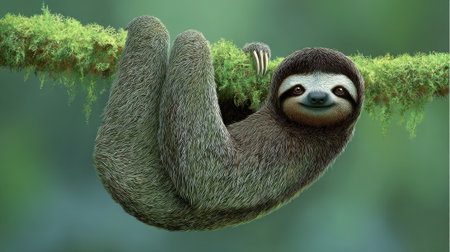 A cute three-toed sloth with a gentle smile hangs upside down from a moss-covered tree branch, surrounded by the vibrant greenery of its natural habitat.の素材