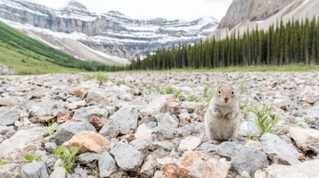 A small, cute ground squirrel stands alert amidst a rocky terrain with a backdrop of majestic mountains and pine trees.の素材