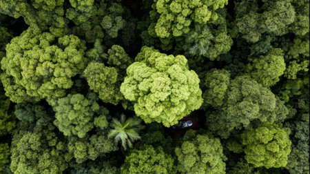 Top-down drone view of dense forest foliage, showcasing vibrant green textures and patterns of trees.の素材