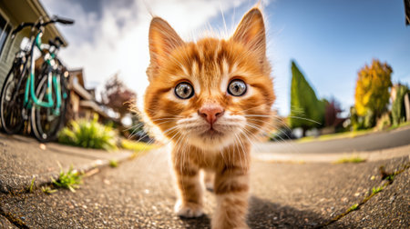 A close-up, low-angle shot of a cute orange tabby kitten with big blue eyes walking towards the camera on a paved sidewalk.の素材