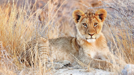 A young lion cub lies peacefully in the dry, golden grass of the African savanna, looking directly at the camera with curious eyes.の素材