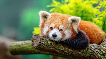 A close-up of a cute red panda with fluffy fur resting peacefully on a textured tree branch, surrounded by vibrant green foliage.の素材
