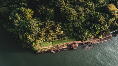 An aerial perspective showcases a dense, vibrant green forest bordering a tranquil body of water, with a clear path visible along the coastline.の素材