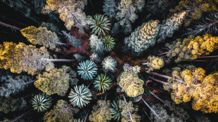 Top-down drone shot showcasing a dense forest with varied tree textures and vibrant autumnal hues.の素材