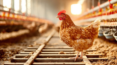 A single brown chicken is the main focus, standing on a wooden slatted floor in a large, well-lit chicken farm building.の素材