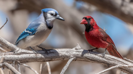 A vibrant blue jay and a striking red cardinal sit side-by-side on a weathered tree branch, showcasing their distinct plumage.の素材