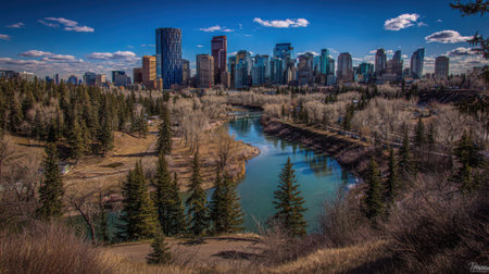 Panoramic view of the Calgary skyline and the Bow River in early spring, surrounded by evergreen trees and a bridge.の素材
