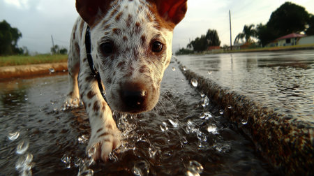 A Dalmatian dog with distinctive spots walks through shallow water, splashing as it moves.の素材
