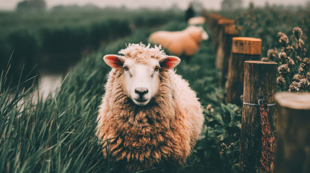 A fluffy sheep stands in a lush green field, looking directly at the camera. Another sheep is visible in the background.の素材