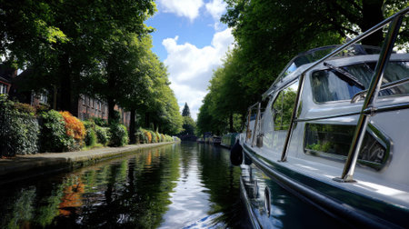 A scenic view of a boat navigating a tranquil canal, flanked by lush trees and charming houses.の素材