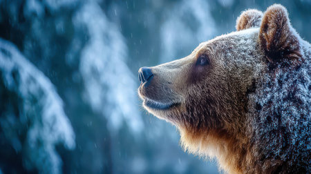 A detailed close-up of a brown bears head with frost on its fur, exhaling visible breath in a cold, snowy forest setting.の素材