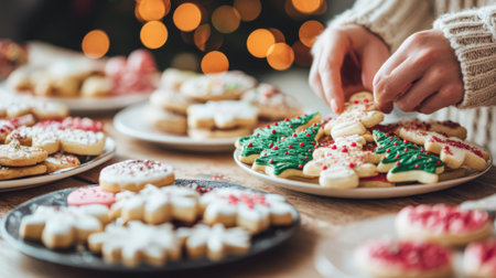 A close-up shot of hands decorating festive Christmas cookies with icing and sprinkles, with bokeh lights in the background.の素材