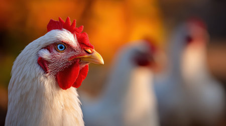 A detailed close-up shot of a white chickens head, highlighting its striking blue eyes and vibrant red comb, with other chickens blurred in the background.の素材