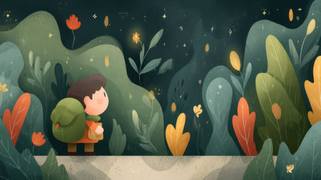 A young child with a large backpack walks through a whimsical, glowing forest at night, surrounded by stylized plants and fireflies.の素材