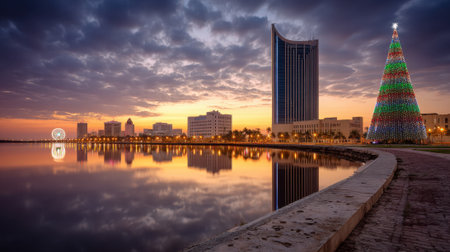 A stunning cityscape at dusk, featuring a prominent Christmas tree and buildings reflected in calm water.の素材