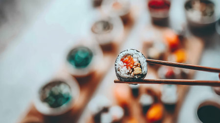 A single piece of sushi is lifted with chopsticks, showcasing its ingredients against a soft focus background of a sushi platter.の素材
